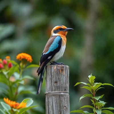 The primary subject of the image is a small bird perched on a wooden post. The bird is blue and orange in color, and it appears to be looking at the camera. The setting is a garden, with a variety of flowers surrounding the bird. The visual style of the image is a photo, capturing the bird in its natural environment. The colors and mood of the image are vibrant and lively, with the bird standing out against the backdrop of the garden.